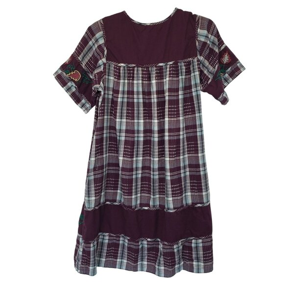 Vintage National Burgundy Plaid Embroidered Fall Leaf Dress Boho Teacher Outfit - Picture 11 of 12